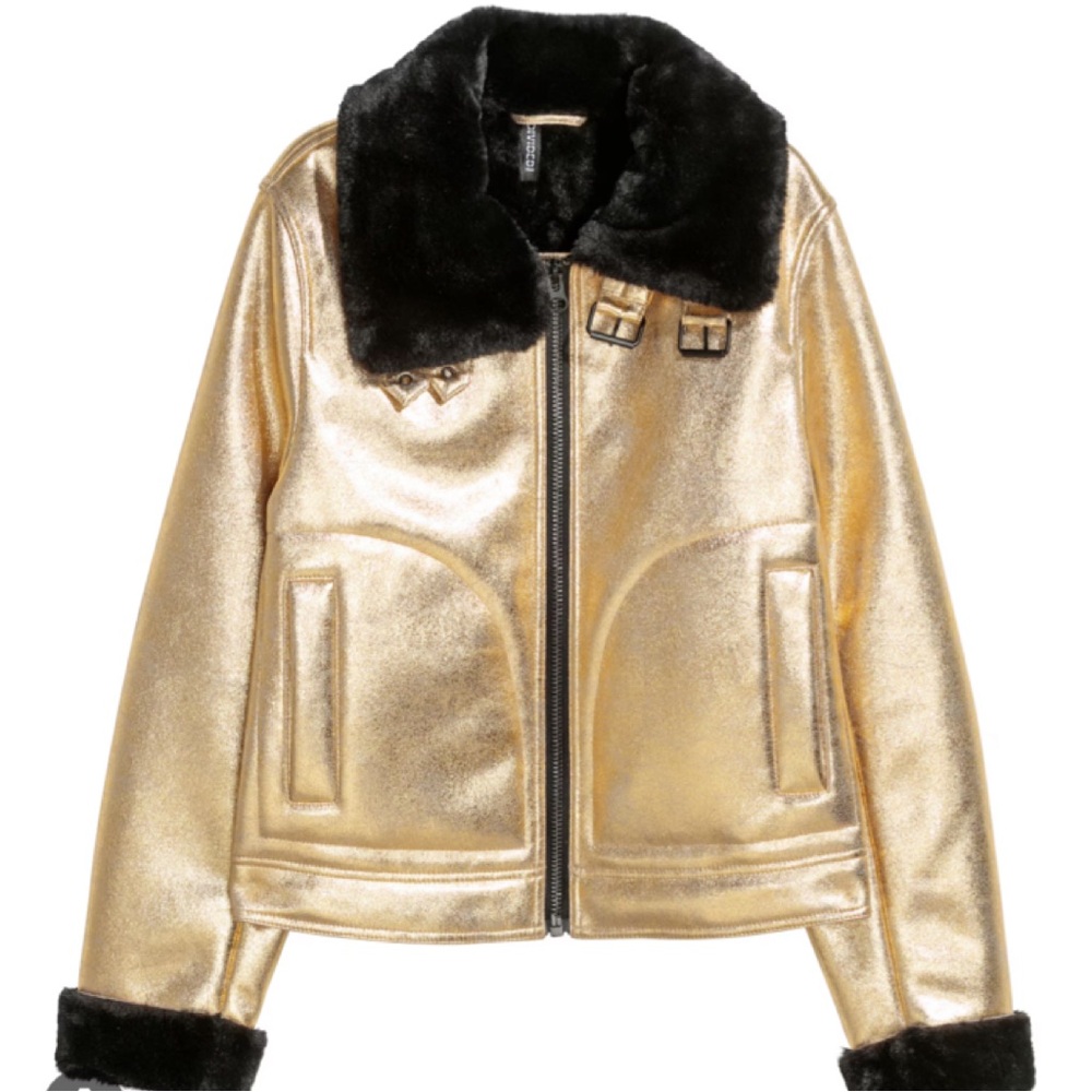 Divided H&M Jacket Gold Crackled Faux Fur Trim Matrix Motorcycle Coat Sz 2 - Picture 4 of 8